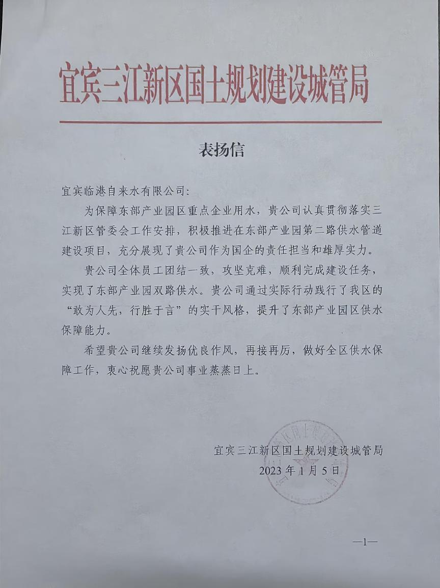 敢為人先 行勝于言 ——臨港公司獲三江新區國土規劃建設城管局表揚信